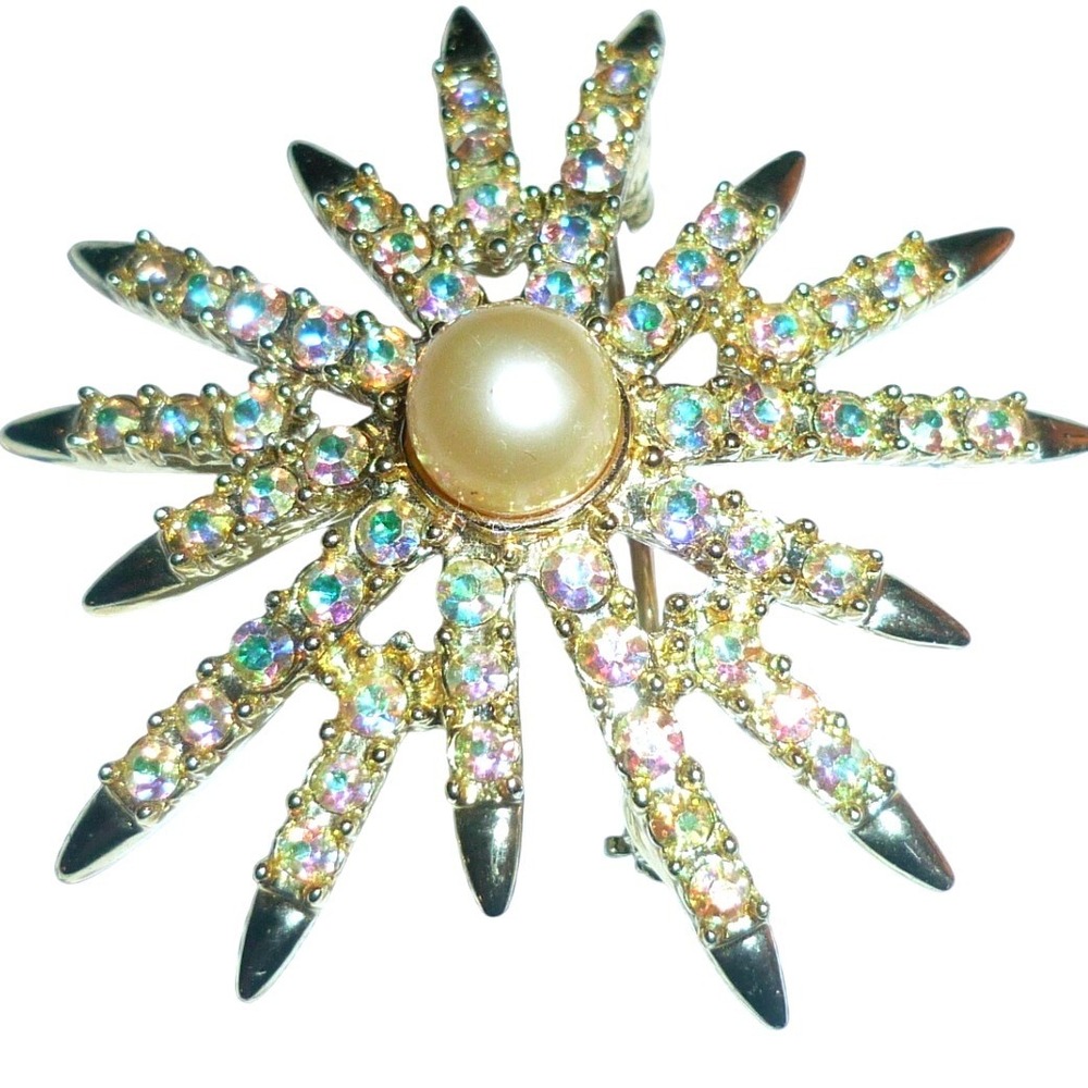 Vintage Signed Emmons Spun Sugar Starburst Brooch Pearl AB Rhinestone Pin 2"
